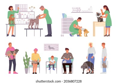 Veterinary clinic set of flat isolated icons characters of waiting pet owners and working medical specialists vector illustration