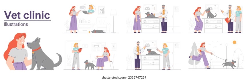 Veterinary clinic. A set of illustrations of 7 pieces. Vector characters. A dog at a vet's appointment