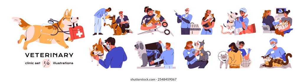 Conjunto de clínica veterinaria. Propietarias con sus perros lindos, los gatos están en examen veterinario, tratamiento de doctor. Los veterinarios se preocupan por la salud de las mascotas. Ilustración vectorial aislada plana sobre fondo blanco