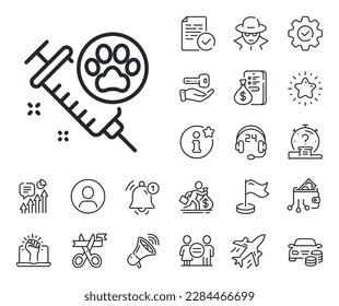 Veterinary clinic sign. Salaryman, gender equality and alert bell outline icons. Dog vaccination line icon. Pets care symbol. Dog vaccination line sign. Spy or profile placeholder icon. Vector