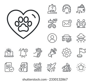 Veterinary clinic sign. Salaryman, gender equality and alert bell outline icons. Pets care line icon. Dog paw in heart symbol. Pets care line sign. Spy or profile placeholder icon. Vector