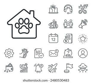 Veterinary clinic sign. Salaryman, gender equality and alert bell outline icons. Pet shelter line icon. Pets care symbol. Pet shelter line sign. Spy or profile placeholder icon. Vector