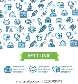 Veterinary Clinic Signs Banner Horizontal with Color Outline Icons Include of Doctor, Microscope, Patch and Thermometer. Vector illustration