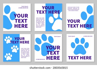 Veterinary clinic social media template. Pet care social media post. Web banner square template. Pet care service promotional banner. Blue background color with shape. Vector illustration