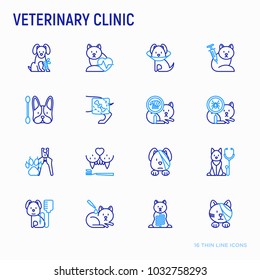 Veterinary Clinic Thin Line Icons Set: Broken Leg, Protective Collar, Injection, Cardiology, Cleaning Of Ears, Teeth, Shearing Claws, Bandage On Eye, Blood Transfusion For Dog. Vector Illustration.