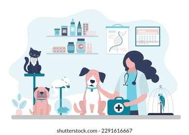 Veterinary clinic, vaccination, health care for pets. Woman veterinarian doctor examines various animals. Vet clinic, animal care, pet medical treatment. Visit to veterinary for check up health. 