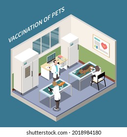 Veterinary Clinic Vaccination Service Isometric Vet Office Interior View With Assistants Injecting Cat And Dog Vector Illustration