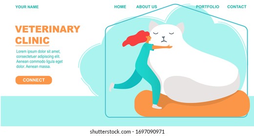 Veterinary clinic vector banner template. Doctor woman in uniform hugs a big white cat.