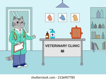 Veterinary clinic vector illustration - cartoon doctor cat invites patients to the medical office