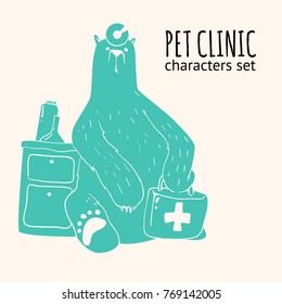 Veterinary clinic vector illustration. Doodle style bear with medical equipment and drugs. 