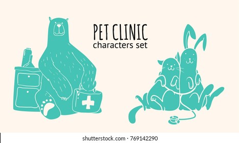 Veterinary clinic vector illustration. Doodle style illustration with bear, cat, rabbit, medical equipment and drugs. 