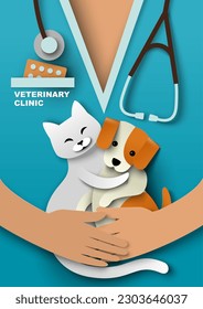 Veterinärklinik, Vektorgrafik. Nasse Arzt in Uniform, die süßes Kätzchen und Welpen in Hand hält. Gesundheitsversorgung von Haustieren und professionelle Behandlung von Haustieren