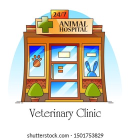 Veterinary clinic or vet hospital, animal healthcare or treatment building. Facade or front structure for pet medicine. Exterior or outdoor view on veterinarian institution, shop or store, hospital