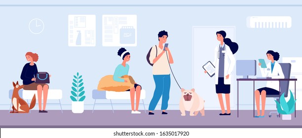 Veterinary clinic. Veterinarian services reception, queue to veterinarian doctor. Vet office animal health caring hospital. Pet owners with dogs vector illustration