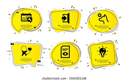 Veterinary clinic, View document and Honeymoon travel icons simple set. Yellow speech bubbles with dotwork effect. Exit, Spanner and Energy signs. Pets medicine, Open file, Love trip. Vector