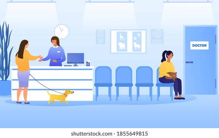 Veterinary clinic visitors with animals. People with dogs and cats, pet owners waiting for doctor appointment, administrator or nurse registering clients on reception. Flat cartoon vector illustration
