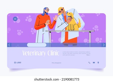Veterinary clinic web banner, pet owner with dog visit hospital, veterinarian doctor checking cute puppy on table. Domestic animals health care and medicine concept, Line art flat vector illustration