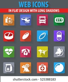 Veterinary clinic web icons in flat design with long shadows