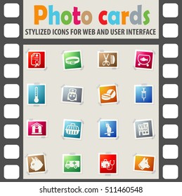 veterinary clinic web icons on color photo cards for user interface