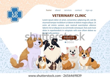 Veterinary clinic website design featuring a welcoming group of happy, cartoon-style pets including dogs and cats. Includes clickable register button. Vector illustration format.