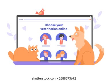 Veterinary clinic website on laptop display. Doctors for pets online. Cute cat, dog and bird nearby. Vector flat illustration.