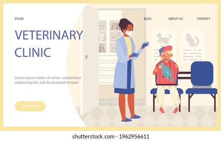 Plantilla del sitio web de la clínica veterinaria con el niño y su loro en cita veterinaria. Ayuda médica veterinaria para animales domésticos y mascotas, ilustración vectorial plana.