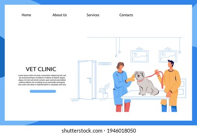 Veterinary clinic website template with cartoon characters, flat vector illustration. Vet doctor services advertising web page mockup with pets owner at veterinarian appointment.