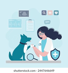 Veterinary clinic, woman doctor examining animal, vaccination, health care for pets. Veterinarian doctor examines sick dog. Vet clinic, pet medical treatment. Dog visit veterinary for check up health.