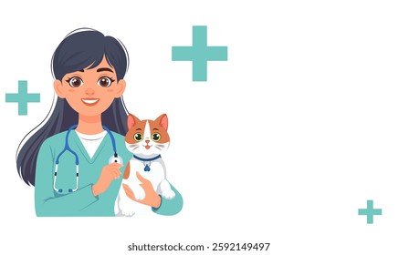 Veterinary clinic worker, veterinarian with stethoscope and cat. World Veterinary Day. Isolated vector illustration in flat style for flyer, banner, landing page, blog of veterinary clinic, hospital