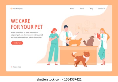 Veterinary clinical help. Dog and cat doctors giving vaccinations, measure temperature and take tests, domestic pets clinical examination vector illustration. Vet clinic landing page design template