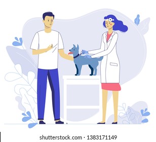 Veterinary concept with animal and doctor in vet clinic. Veterinarian makes an injection to dog in hospital.  Healthcare, medical treatment, prevention and immunize of pets.