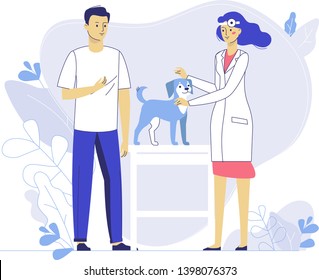 Veterinary concept with animal and doctor in vet clinic. Veterinarian makes a medical examination to dog in hospital.  Healthcare, medicine treatment, prevention and immunize of pets.