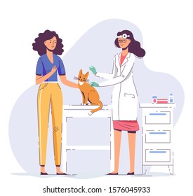 Veterinary concept with animal and doctor in vet clinic. Veterinarian makes a medical examination to cat in hospital.  Healthcare, medicine treatment, prevention and immunize of pets.