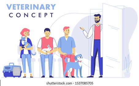 Veterinary concept with animal patient and doctor in reception vet clinic. Peoples in line with pets, dog, cat, rabbit and veterinarian in hospital hall background.  Healthcare, treatment of pets.