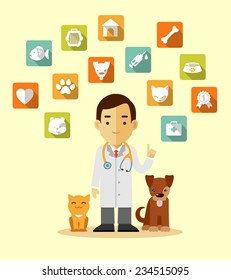 Veterinary concept with doctor, cat, dog and set of veterinary icons in flat style