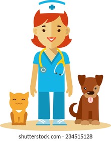 Veterinary concept with doctor, cat and dog in flat style