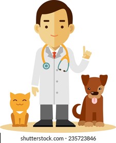 Veterinary concept with doctor, cat and dog in flat style