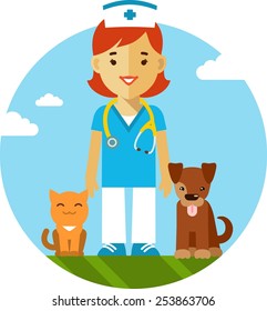 Veterinary concept with doctor, cat and dog in flat style