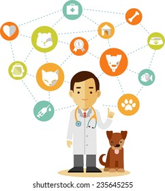 Veterinary concept with doctor, dog and set of veterinary icons in flat style