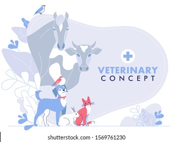 Veterinary concept with group livestock animals and domestic pets in vet clinic. Crowd of animals with cat, dog, cow, horse, rabbit, birds.  Healthcare, medicine treatment, prevention and immunize