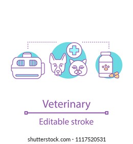 Veterinary concept icon. Animal pharmacy and clinic idea. Thin line illustration. Pets shop. Vector isolated outline drawing. Editable stroke