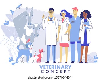 Veterinary concept with livestock animals, pets and doctors team in vet clinic. Young veterinarian man and woman standing together with cat, dog, cow, horse, rabbit, birds.  Healthcare of pets.