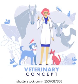 Veterinary concept with livestock animals, pets and doctor in vet clinic.
Young veterinarian woman standing together with cat, dog, cow, horse, birds.  Healthcare, medicine treatment of pets