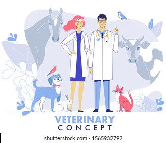 Veterinary concept with livestock animals, pets and doctors in vet clinic. Young veterinarian man and woman standing together with cat, dog, cow, horse, birds.  Healthcare, medicine treatment