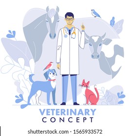 Veterinary concept with livestock animals, pets and doctor in vet clinic. Young veterinarian man standing together with cat, dog, cow, horse, birds.  Healthcare, medicine treatment