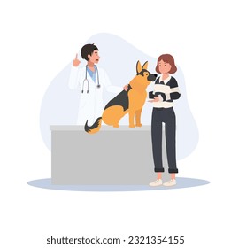 Concepto veterinario. propietarios visitan veterinarios en la clínica de veterinaria.  personas y mascotas en la clínica veterinaria. Ilustración de dibujos animados de vector plano