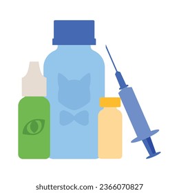 Veterinary concept — pill bottles, eye drops, ointment, drugs, vaccine with syringe. Cat care, medicines for pets. Modern vector illustration.