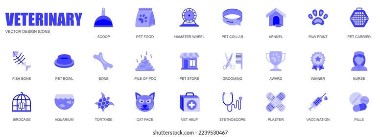 Veterinary concept of web icons set in simple flat design. Pack of scoop, pet food, hamster wheel, collar, kennel, paw print, bone, store, grooming and other. Vector blue pictograms for mobile app