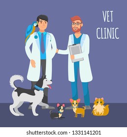 Veterinary Consultation Flat Color Illustration. Two Veterinarians Talk Surrounded Pets in Vet Clinic. Cartoon men, Dogs and Parrot Character. Different Breed and Poses Dogs. Vet Clinic Web Banner