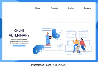 Veterinary consultation online website banner mockup with pets owners and veterinarian doctor on screen of mobile phone, flat vector illustration. Landing page for vet clinic online advice app.